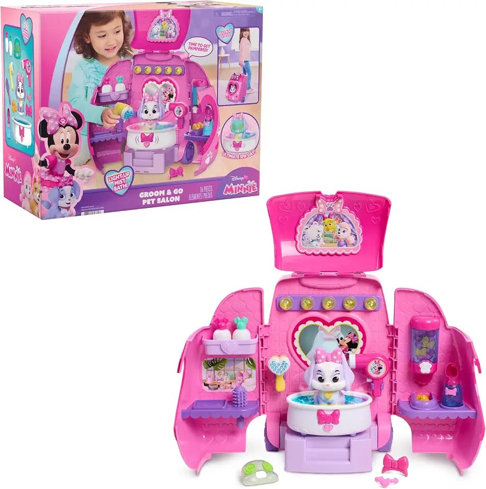 Disney Jr. Minnie Mouse Groom & Go Pet Salon Playset with Lights, Sounds