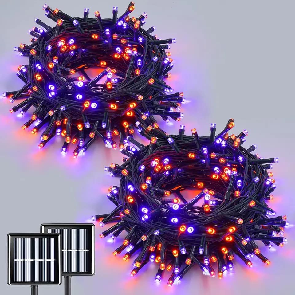 QITONG Solar Halloween String Lights, 2 Pack Each 66ft 200 LED Orange and Purple led Lights Outdoor Waterproof, 8 Modes Solar Twinkle Lights for Garden Patio Yard