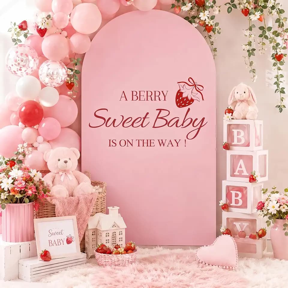 MUGINYU 7.2ft A Berry Sweet Baby is on The Way Arch Backdrop Cover Pink Sweet Photo Props for Baby Shower Arch Cover for Gender Reveal Birthday Party Decor