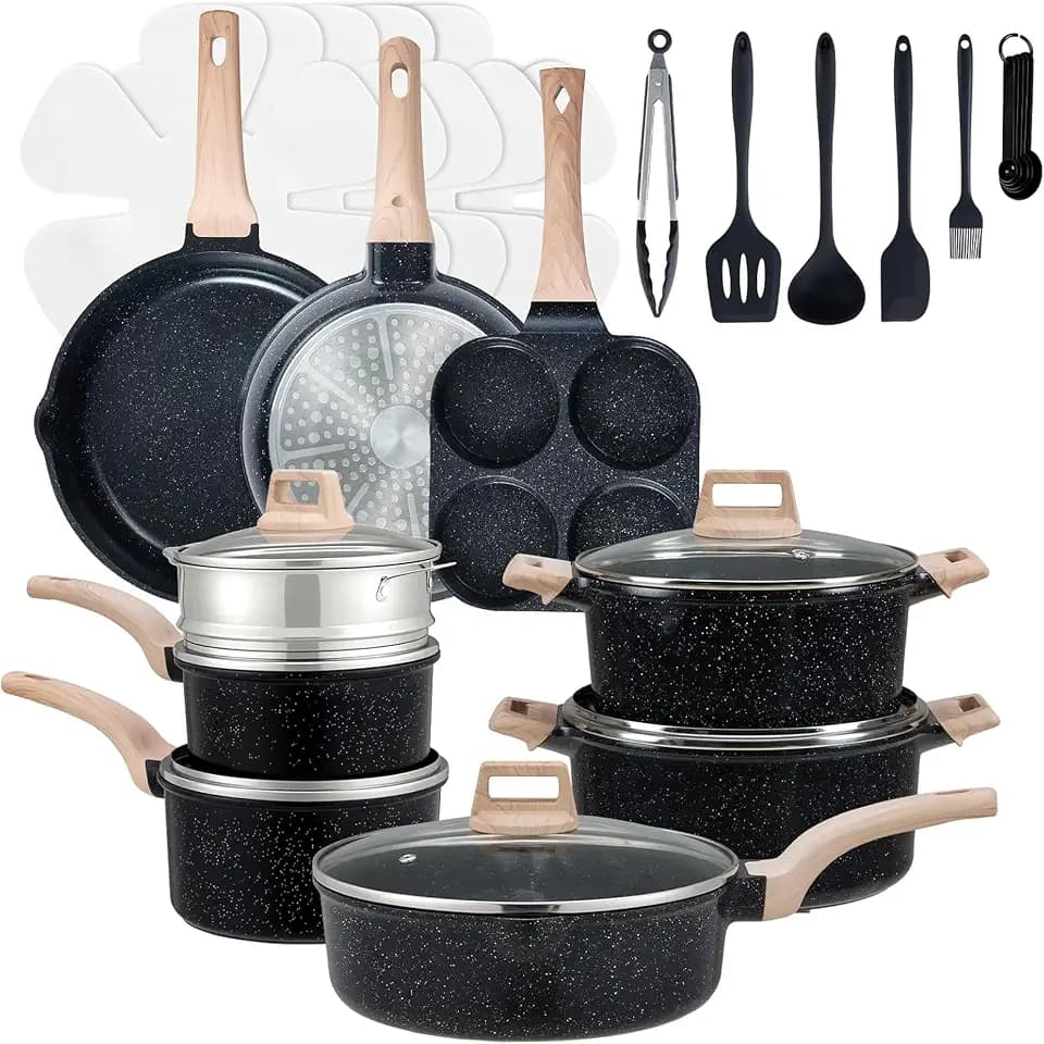 Simple Deluxe 25Pcs Ceramic Cookware Set, Nonstick & Non-Toxic Healthy Pots and Pans, Heat-Resistant Handles, Induction Cookware Sets with Frying Pans, Black