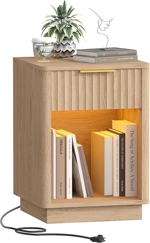 Akxomel Fluted Nightstand Bedside Table with Charging Station Oak