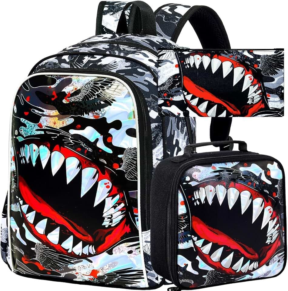 3Pcs Backpack for Boys, 16" Shark Kids Bookbag with Lunch Box, School Backpacks for Elementary Preschool Kindergarten (Black)