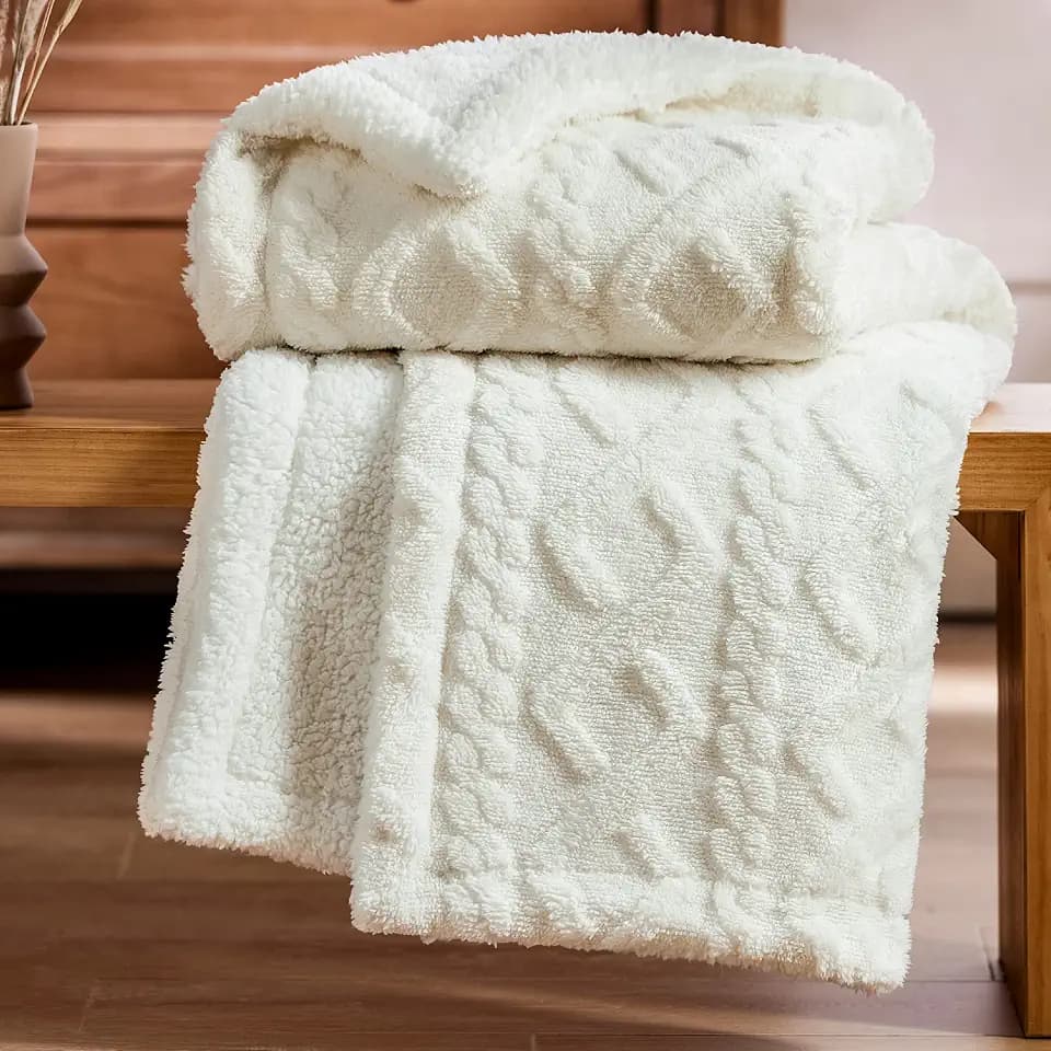 BEDSURE Sherpa Kuscheldecke Strickdecke 150x200 - Warme Wolldecke Weiß