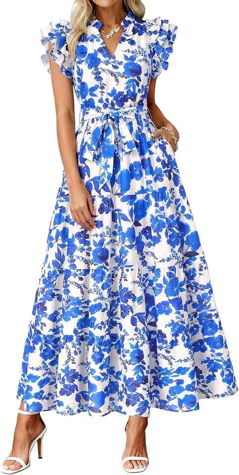 dowerme Women Summer Casual Ruffle Cap Sleeve Floral Belted Boho Maxi Dress