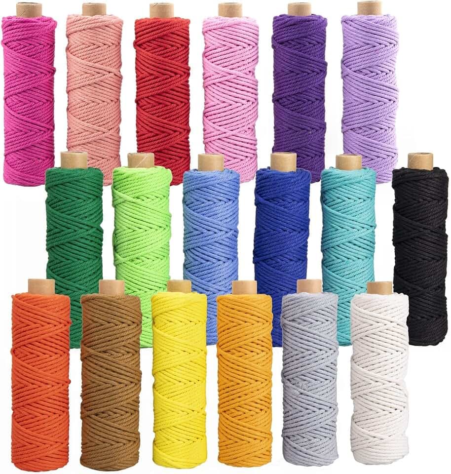 Macrame Cord 3mm x 594 Yards, 18 Rolls Natural Colored Macrame Cotton Cord Rope Kit Color Variety Macrame Jute Twine String 4 Strand Twisted for Wall Hanger Plant Hanging DIY Knitting Macrame Supplies