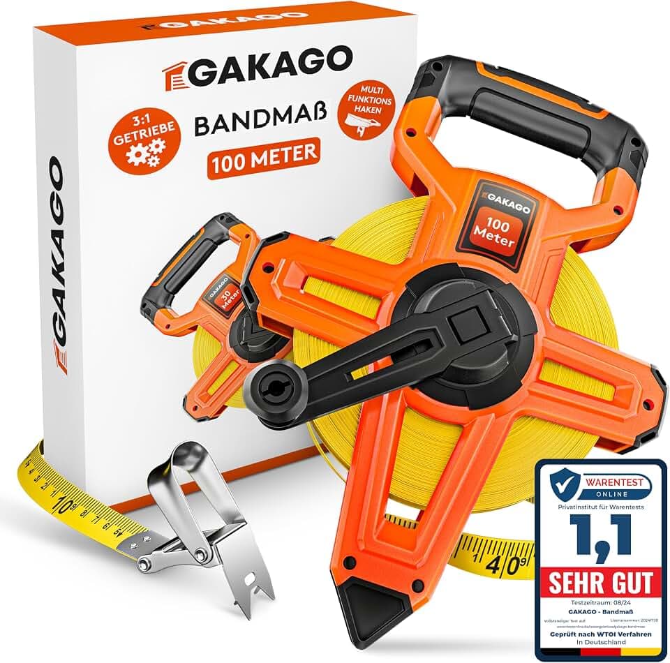 Gakago Bandmaß 100m - 3-fach übersetztes Rollmaßband mit klappbarem Hebel - Ergonomischer & rutschfester Maßband Haltegriff - Masbandrolle mit Messpunkt-Markierspitze und flexiblen Messhaken