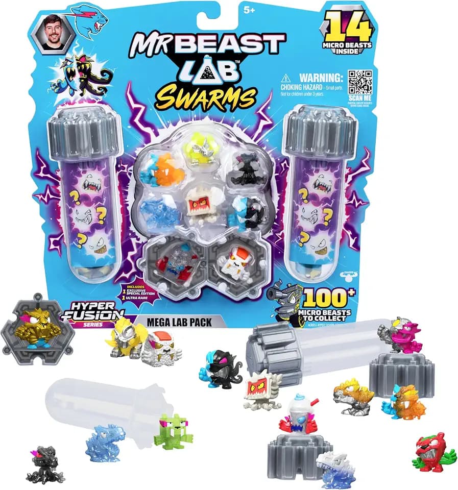 MrBeast Lab Swarms Hyper Fusion-Serie, über 100 einzigartige Hyper Fusion Swarms zum Sammeln, Mega-Laborpackung mit 14 Mini-Monstern, 14 Sammelstickern & 4 Fusions-Kapseln
