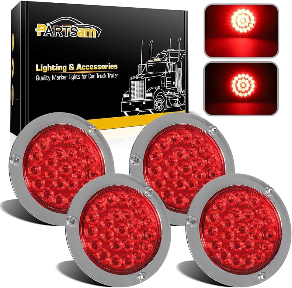 Partsam 4Pcs 4" Round Red LED Stop Turn Tail Lights Brake Trailer Lights 24LED, 4 Inch Round Led Trailer Tail Lights Red Flange Mount Waterproof for RV Trucks 12V DC