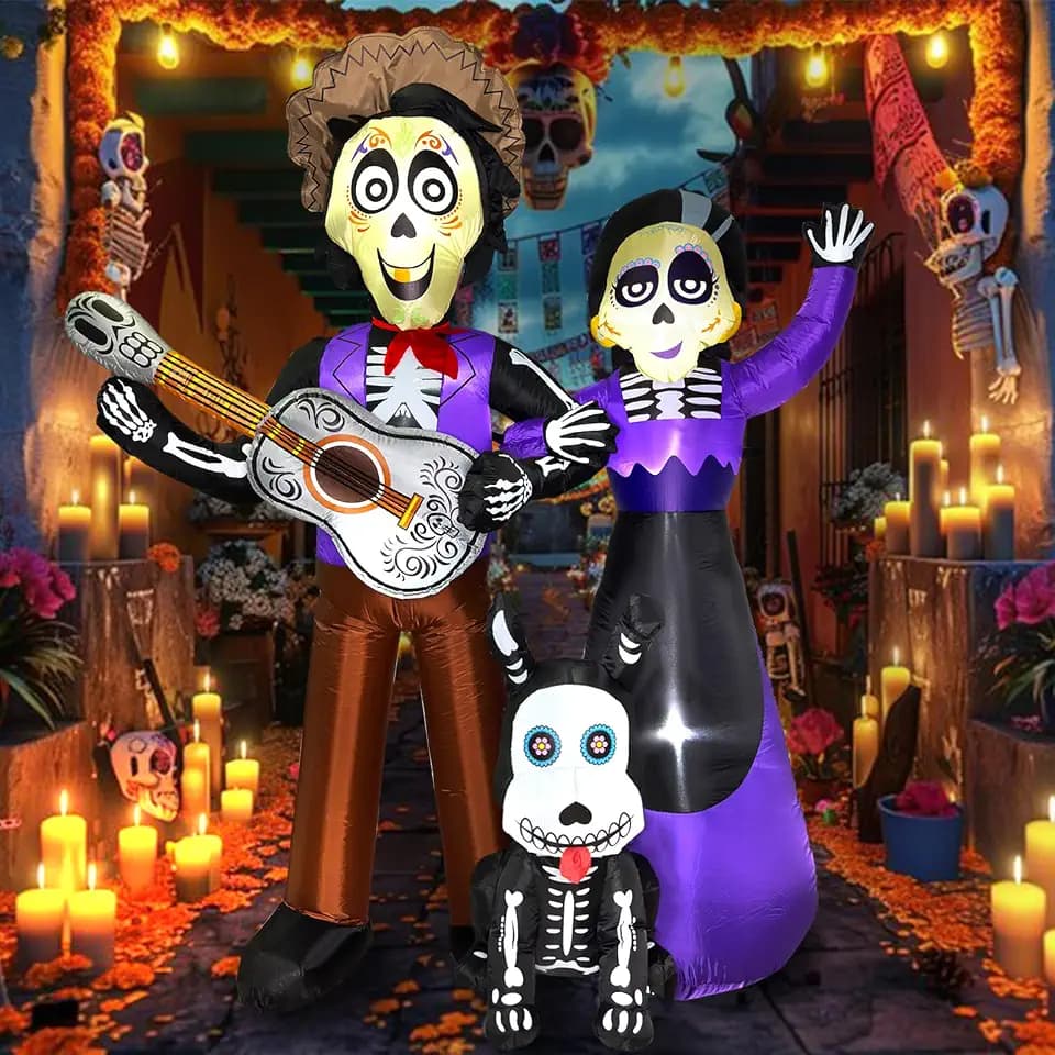6 FT Halloween Inflatables Decoration, Blow Up Yard Decorations, Day of The Dead Spooky Sugar Skull Couple Guitar and Skeleton Dog, Dia De Los Muertos Décor with Built-in LED for Outdoor