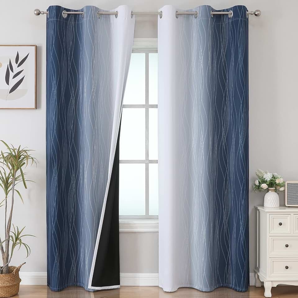 Navy Blue and Greyish White Blackout Curtains for Living Room 84 Inch Long