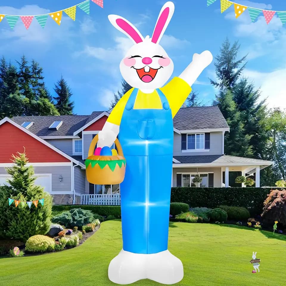 MICOCAH 12Ft Tall Giant Easter Inflatables Outdoor Decorations Lighted Inflatable Bunny Holds Easter Eggs Basket, Built in LEDs Rabbit Blow Up Yard Decor for Outside Lawn Garden Spring Holiday Party