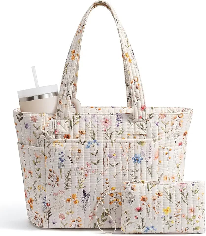 Bagstellar Quilted Tote Bag for Women Teacher Nurse Cotton Laptop Work Tote