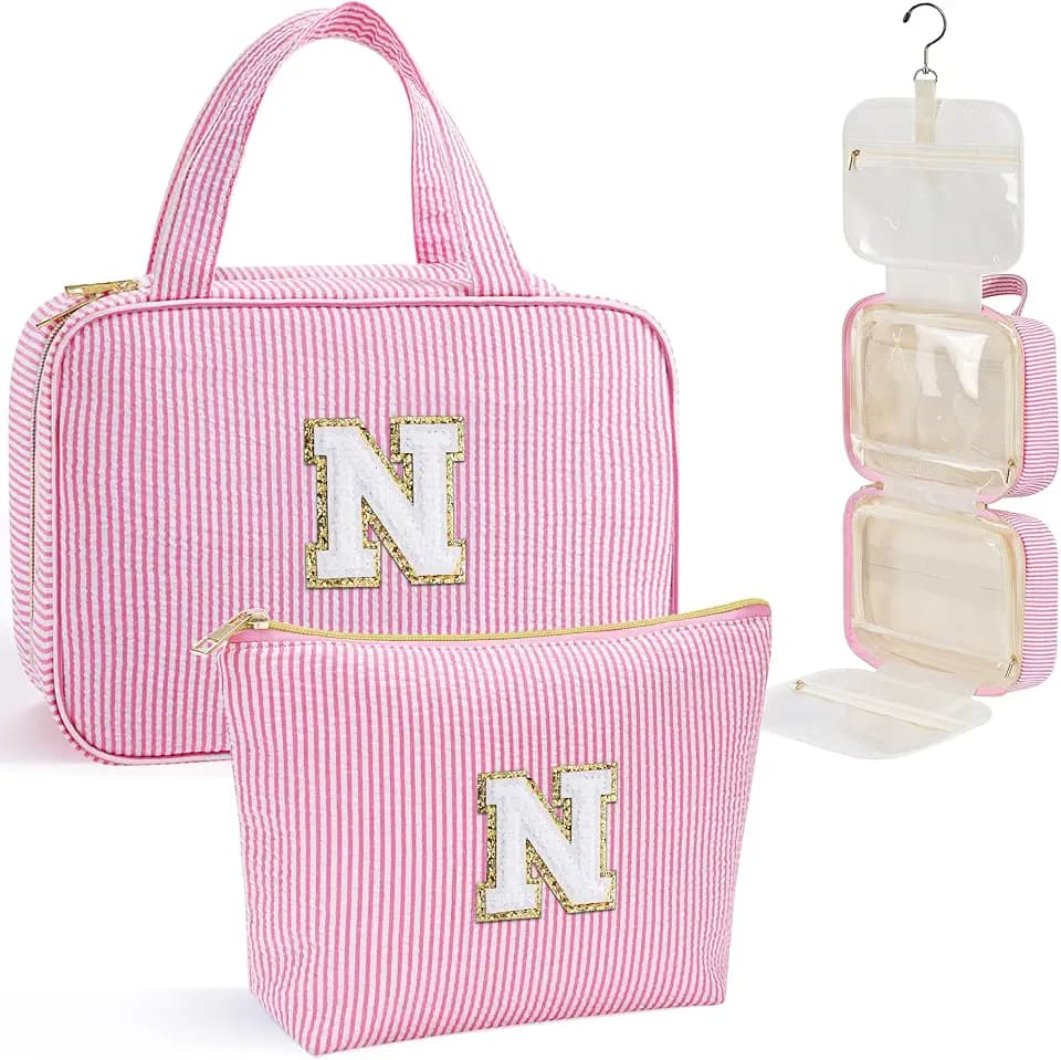 YOOLIFE Hanging Toiletry Bag for Women - Large Travel Toiletry Bag Makeup Bag, Portable Toiletries Cosmetic Bag, Airplane Travel Essentials - Letter N, Pink