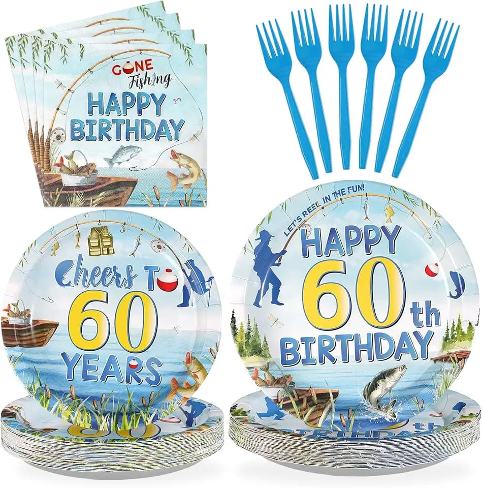 96Pcs Fishing 60th Birthday Party Decorations, Serves 24
