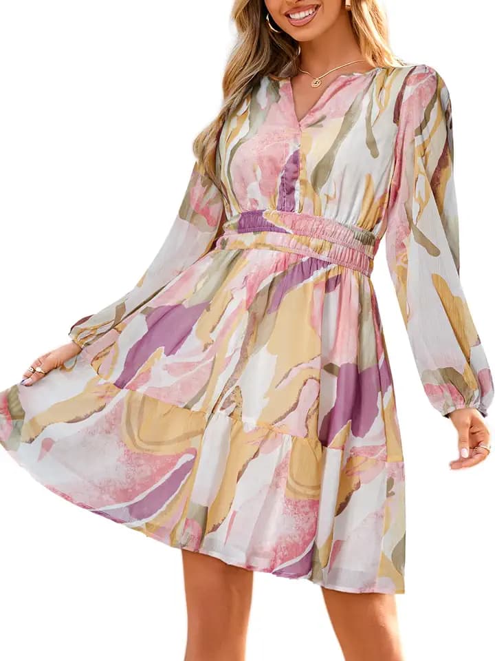 Simplee Womens Fall Floral Mini Dress Boho Chiffon Flowy Short Dress