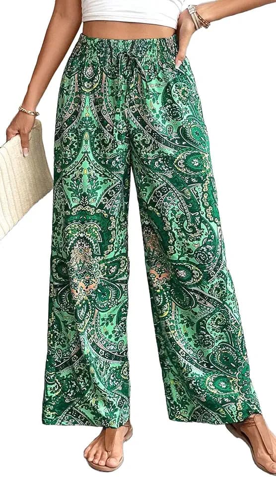 YUTILA Damen Weite Hosen Sommer Boho Strandhose Leichte und Luftige High Waist Freizeithose Casual, Lockere,Muster,Boho,Strandhose mit Kordelzug und Taschen