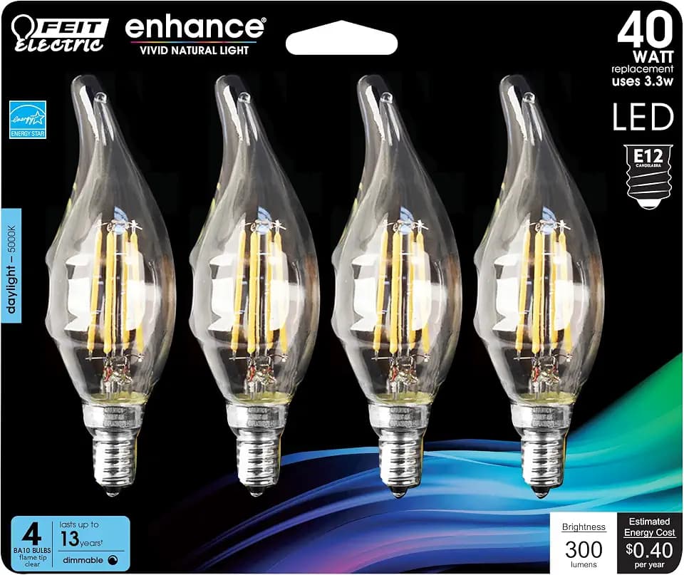 Feit Electric Candelabra LED Light Bulbs, Dimmable, 40W Equivalent, E12 Base, 5000K Daylight White, Vintage B10 Filament Candle Light Bulb for Chandelier, BPCFC40950CAFIL/4/RP, 4 Pack
