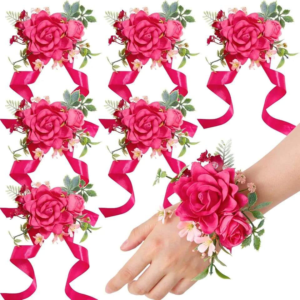 Serwalin 6 PCS Hot Pink Wrist Corsage for Prom, Corsages Wristlet for Wedding Bridesmaid Mother Grandmother Girl, Gardenia Artificial Flowers for Party Ceremony Homecoming Anniversary