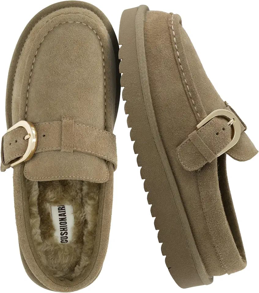 CUSHIONAIRE Origin Genuine Suede Mule Clogs for Women, Cozy Slip-On Moc Toe Loafer with Buckle and Faux Fur Cushioned Footbed