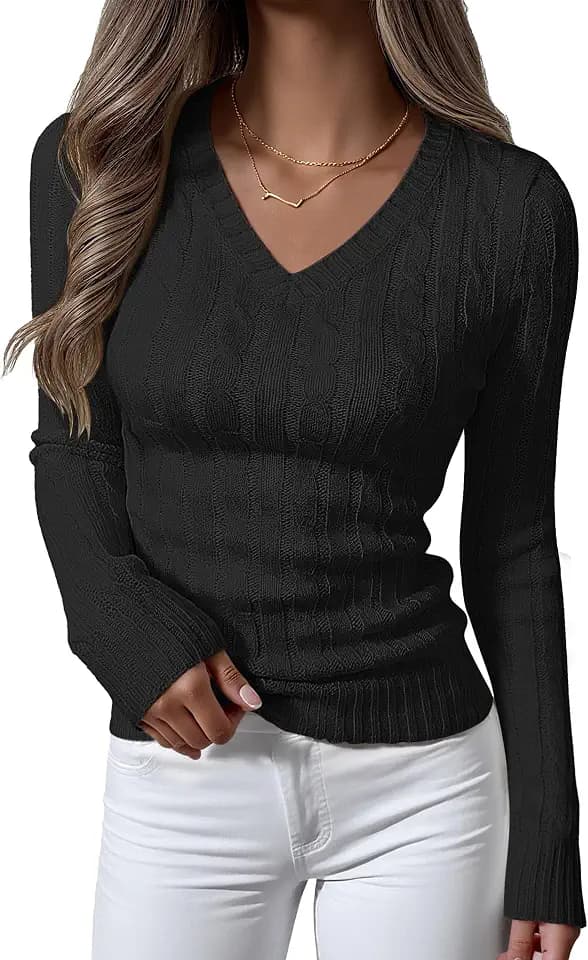 ANRABESS Women's Cable Knit V Neck Long Sleeve Fitted Sweaters Top