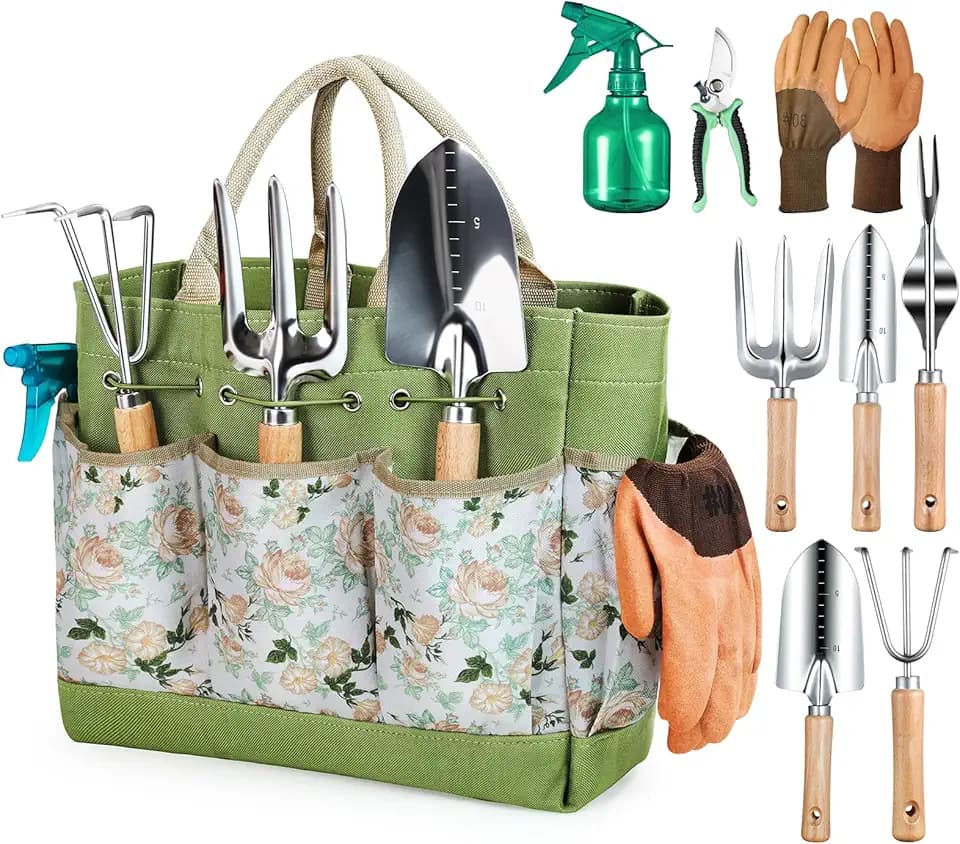 Grenebo Gartenwerkzeug Set 9 Stück mit Organizer Tasche Rostfrei Stahl