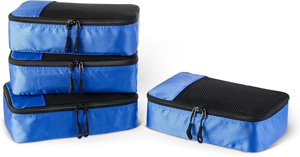 Amazon Essentials 4-teiliges Packwürfel-Reisezubehörset, Gepäckorganizer mit Doppelreißverschluss, Netzoberseite, Polyester, klein/mittel/groß/schmal, blau (früher Amazon Basics)