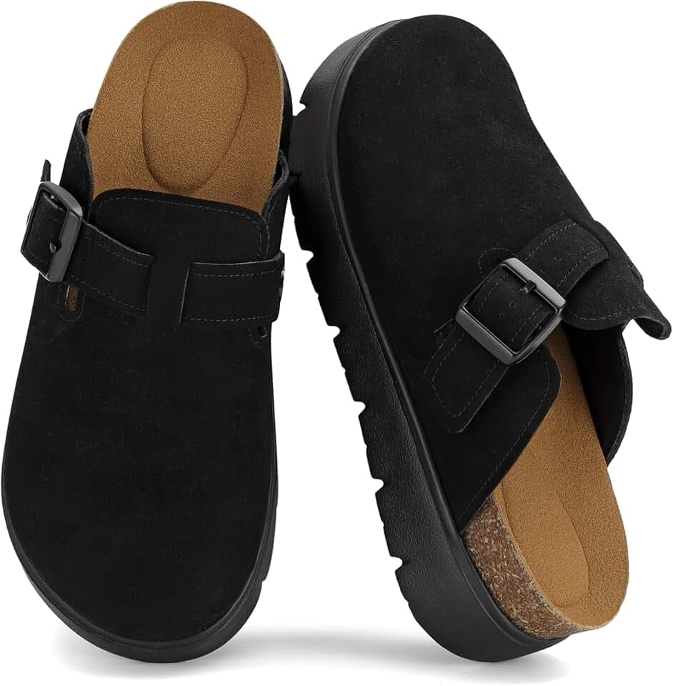 Platform Clogs for Women Slip-On Cork Footbed Mules Suede Round Toe Clogs