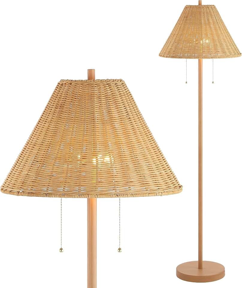 JONATHAN Y Nando 2-Light Coastal Rattan Floor Lamp 61", Brown Wood Finish