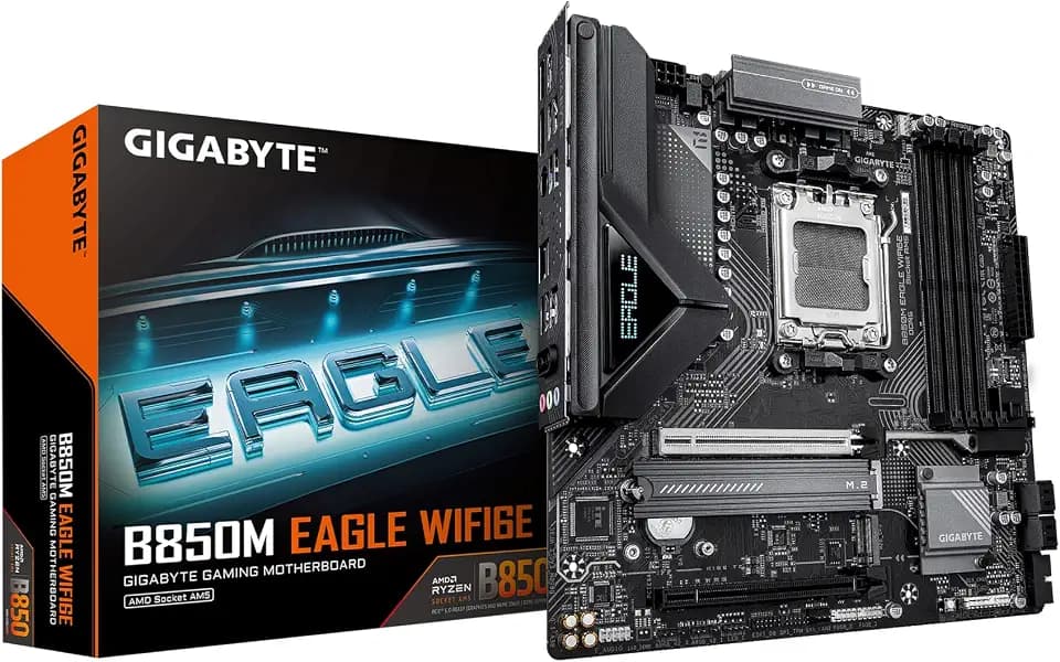 GIGABYTE B850M Eagle WIFI6E AMD AM5 mATX Motherboard, Support AMD Ryzen 9000/8000/7000 Series, DDR5, 8+2+2 Power Phase, 2X M.2, PCIe 5.0, USB-C, WIFI6E, 2.5GbE LAN, EZ-Latch, 3-Year Warranty