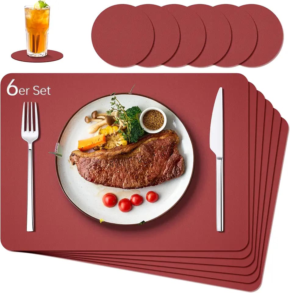 Tischsets Abwaschbar mit Untersetzer - 6er Set Platzsets Abwaschbar aus Kunstleder - Doppelseitige Platzdeckchen in Lederoptik - Ideal für Küche und Büro Bordeaux
