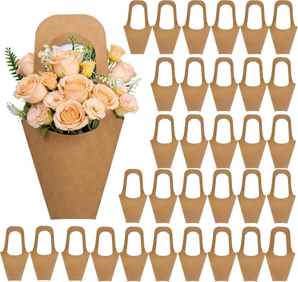 Flower Bags 50 Packs, Flower Bags for Bouquets, Kraft Paper Flower Gift Bags With Handle, Suitable for Flower Shops, Flower Bar, Weddings, Valentine's Day, Birthday Parties, Thanksgiving, Home Decoration (13.8 Inches)