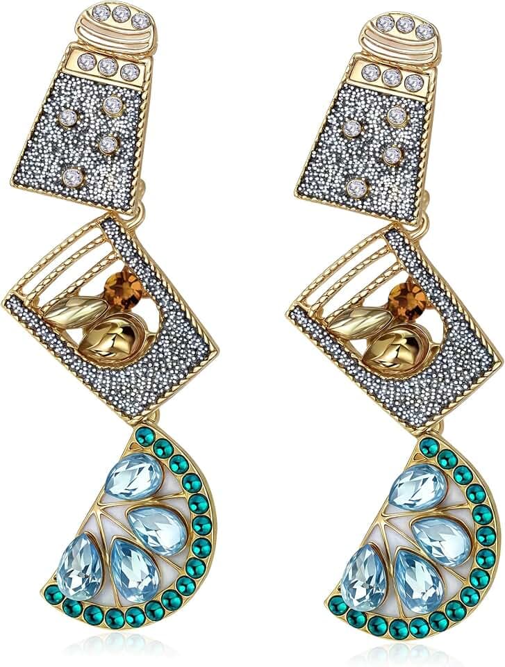 Holiday Funky Dangle Earrings for Women, Cute Fun Fruit Cocktail Martini Margarita Lemonade Rhinestone Epoxy Pearls Earrings Trendy Fancy Party Christmas Jewelry Gift