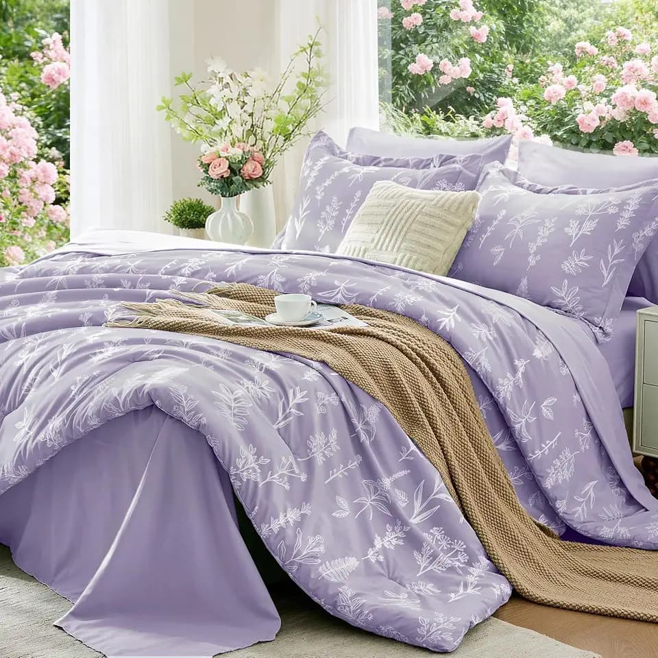 MUXHOMO Oversized King Comforter Set, 7-Piece Floral Bed in a Bag, Lavender