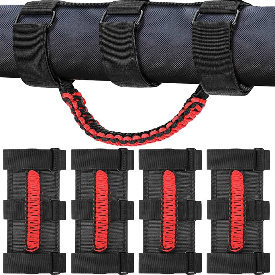 moveland Upgrade 4 Pack Roll Bar Grab Handles Compatible with Jeep Wrangler UTV, Deluxe Roll Bar Grab Handles Easy-to-fit for 1987-2023 TJ YJ JK TJ Models (Red)