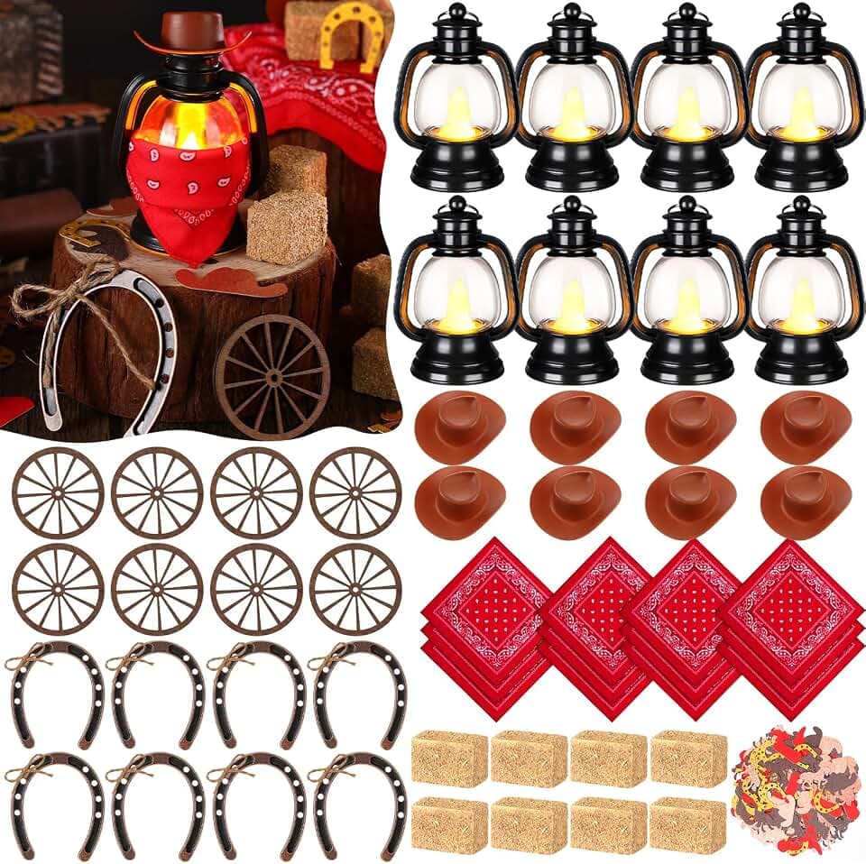 Arrowbash 73 Pcs Western Party Decoration Mini Cowboy Cowgirl Hats Lanterns Set Bandannas Horseshoes Wagon Wheel Hay Bales Glitter Confetti for Adults Farmhouse Country Party Supplies(Brown)