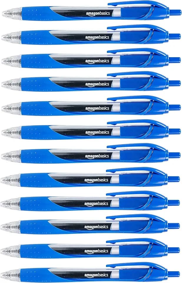 Amazon Basics Druck-Gelschreiber, Gummigriff, Schnelltrocknend, Ideal für Schule und Büro, Feine Strichstärke (0,7mm), Blau, 12er-Pack