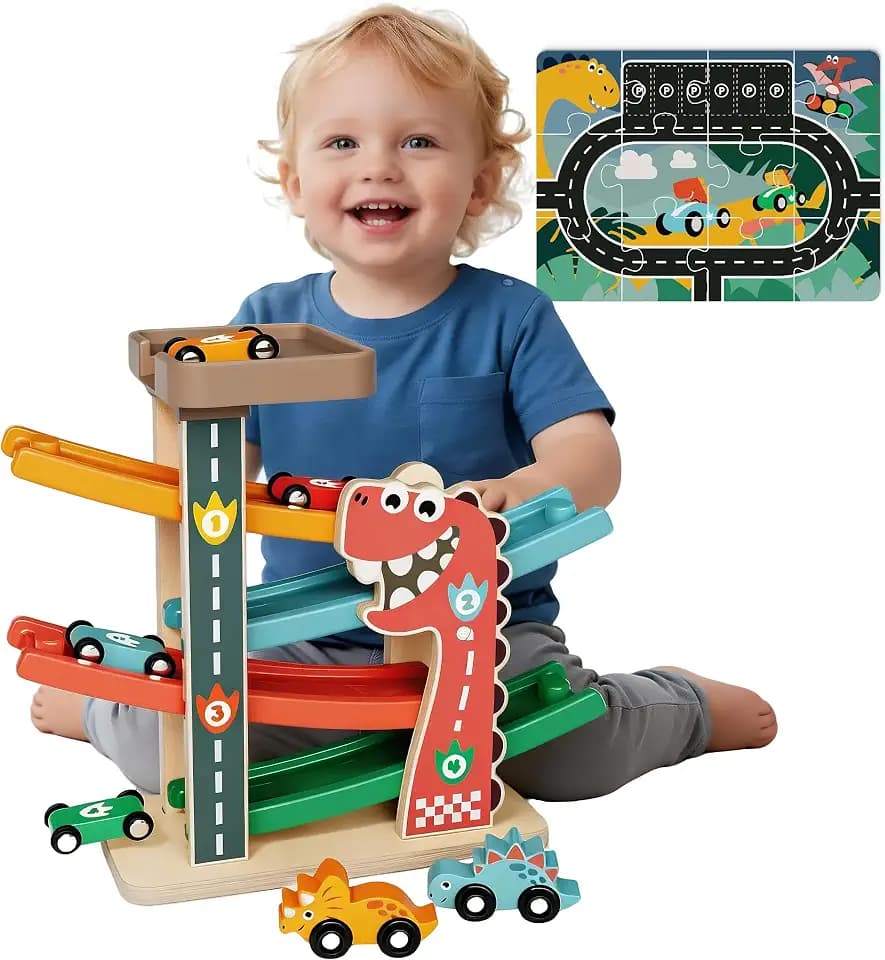 Montessori Toys for 18 Months Old Boy, Wooden Car Ramp Toys,Dinosaur Themed
