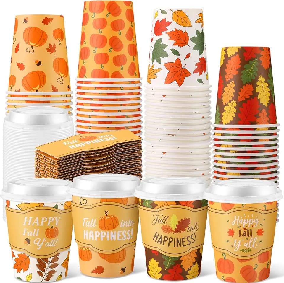 Mimorou 48 Sets 8 oz Fall Disposable Coffee Cups with Lids and Sleeves