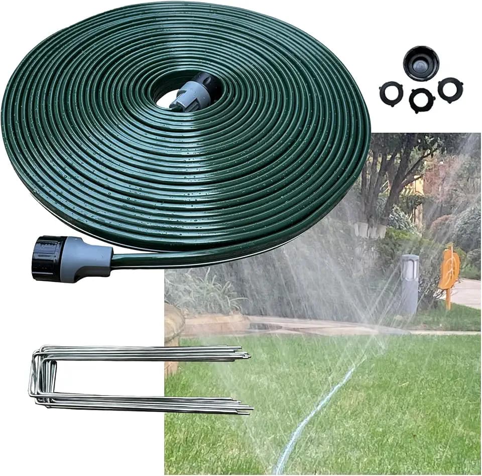 Watoo 2026 Sprinkler Hose & Soaker Hose for Yard - 50 FT Reinforced Flat Garden Hose with Holes, Heavy Duty No-Kink Lawn Irrigation Hose (Includes Stakes, High Pressure Spray)