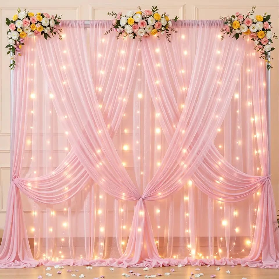 20x10ft Pink Tulle Backdrop Curtains with Lights String for Parties,Wrinkle Free Sheer Curtain with Lights Wedding Photo Backdop Drapes for Baby Shower Birthday Party Photography Home Decorations