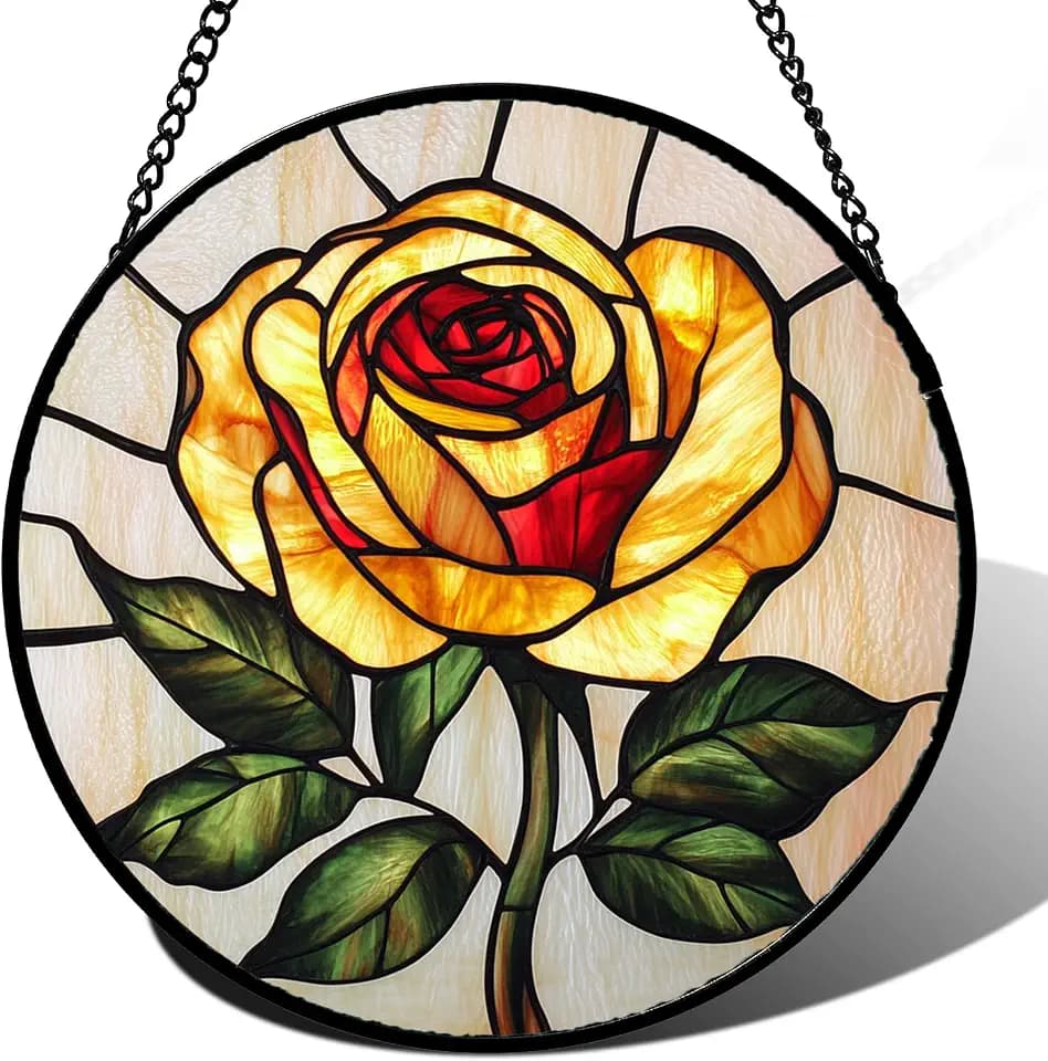 Yellow Rose Stained Glass Window Hanging Suncatcher Gifts for Women 7.8"