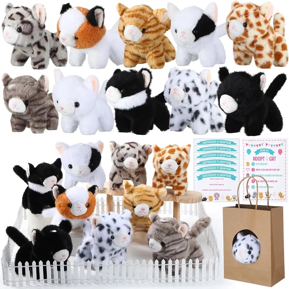 Jenaai 33 Pcs Adopt a Pet Cat Party Favors Mini Kitten Stuffed Animals Set Includes 10 Small Stuffed Cat 2 Plastic Fence 1 Sign 10 Cards 10 Kraft Bag for Adopt a Pet Party Gifts(Standing Style)