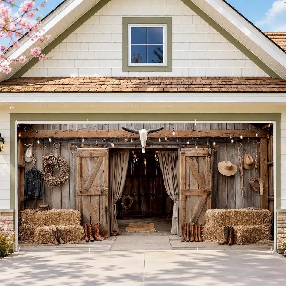 Rustic Barn Door Garage Door Banner 6x13FT, Western Hay Bale Cover Decor