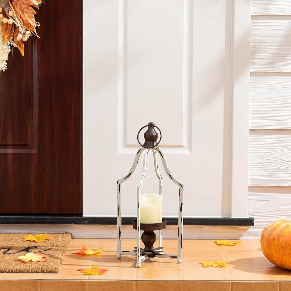 Glitzhome 16.5" H Farmhouse Lanterns Decorative Indoor Outdoor, White Metal Candle Lanterns, Hanging Candle Holder for Fireplace Patio Porch Garden Wedding & Holiday Decor