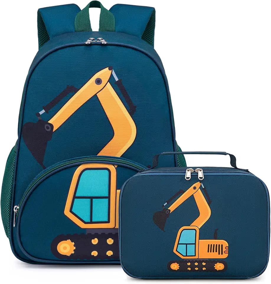 LOIDOU Kids Backpack with Lunch Box Set, Toddler Preschool Boys Backpack with Chest Strap, Water resistant 15 Inch Excavator Backpack LunchBox Combo for Kindergarten Daycare Travel