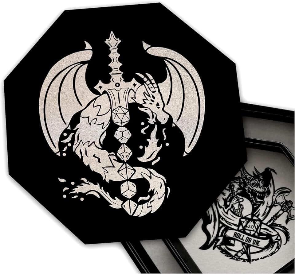 Fantasydice- Silver - Dragon Dice Sword - Dice Tray - 9" Octagon with Lid and Dice Staging Area- Holds 5 Sets(7 Dice Set/Standard) for All Tabletop RPGs Like D&D, Call of Cthulhu, Shadowrun.