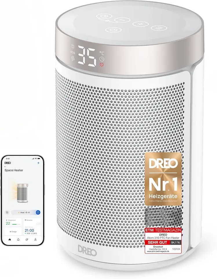 Dreo Energiesparender Heizlüfter, 1500W energiesparender leiser Raumheizer, tragbare Keramik-Fan-Heizer, Thermostat 3 Modi 12H Timer, Überhitzungs- und Kippschutz, für Schlafzimmer, Heater 316S, weiß