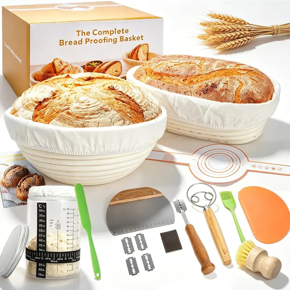 Sauerteig Starter Set, 21-Teiliges Gärkörbchen Set mit 2 Gärkorb (23cm Runde & 25cm Ovale), 900ml Sauerteig-Starterglas und Mehr, Brot Backen Zubehör, Geschenk für Anfänger und Erfahrener Bäcker