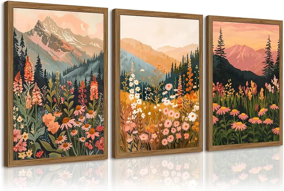 Boho Landscape Widlflower Wall Art Mountain Floral Canvas Wall Decor Colorful Nature Flower Pictures Boho Daisy Sunset Poster Prints Abstract Botanical Painting for Bedroom 12x16 Inch Wood Framed 3Pcs