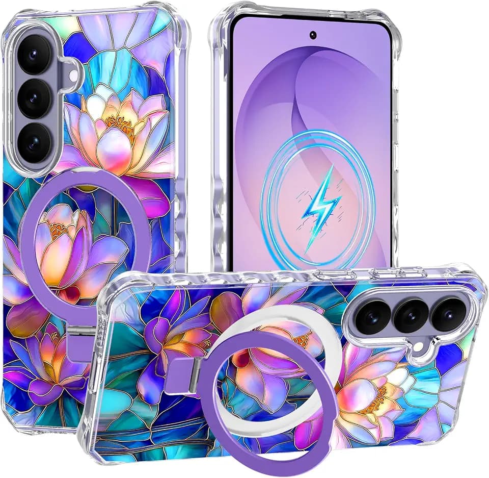 Magnetic for Galaxy S26 Case with Invisible Stand, Compatible with MagSafe, Shockproof Slim Anti-Slip Military Drop Protection Hard Phone Case Purple Lotus